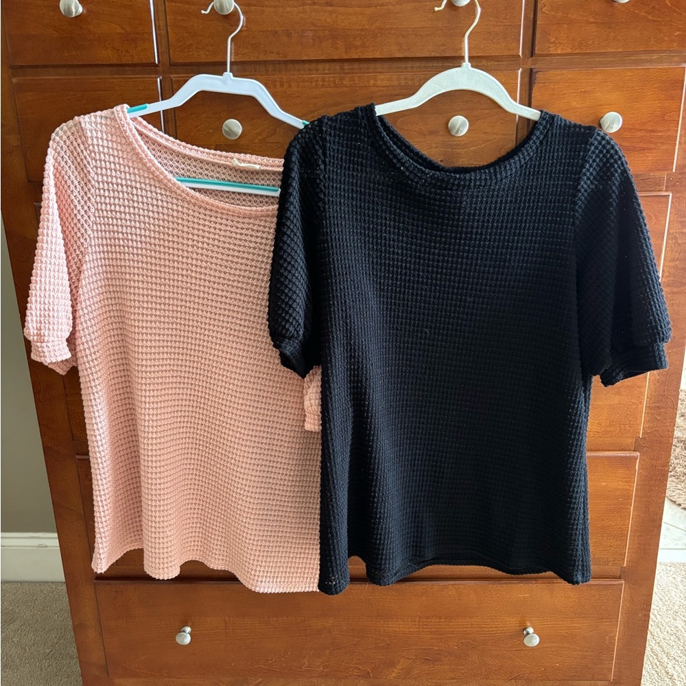 BiBi Pink and Black Waffle Knit Short Sleeve Tops